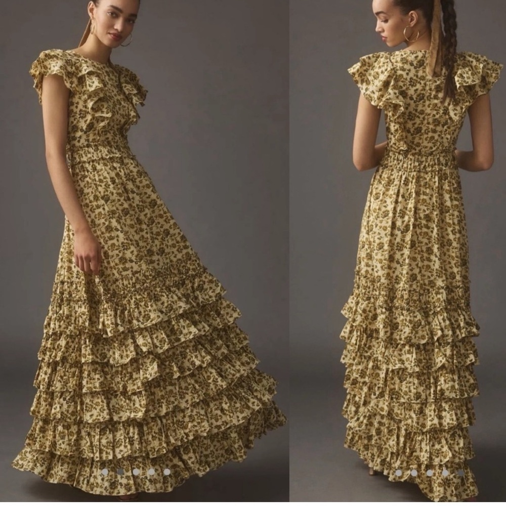 Anthropologie Mac Duggal Ruffle Cotton Voile Formal Gown Maxi Dress Size 12 - Picture 4 of 10